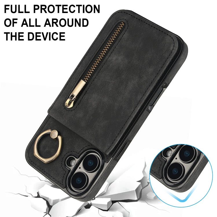 For iPhone 16 Retro Ring and Zipper RFID Card Slot Phone Case