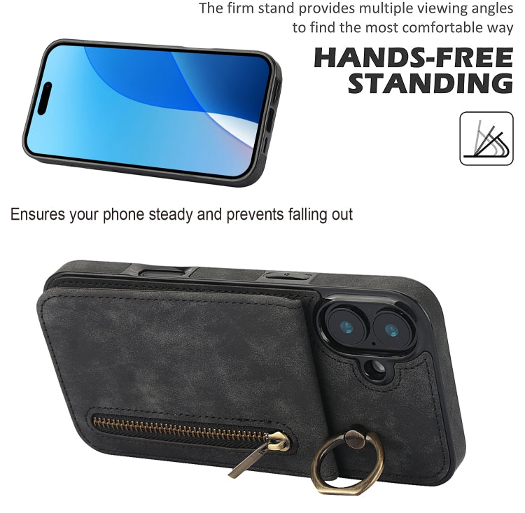 For iPhone 16 Retro Ring and Zipper RFID Card Slot Phone Case