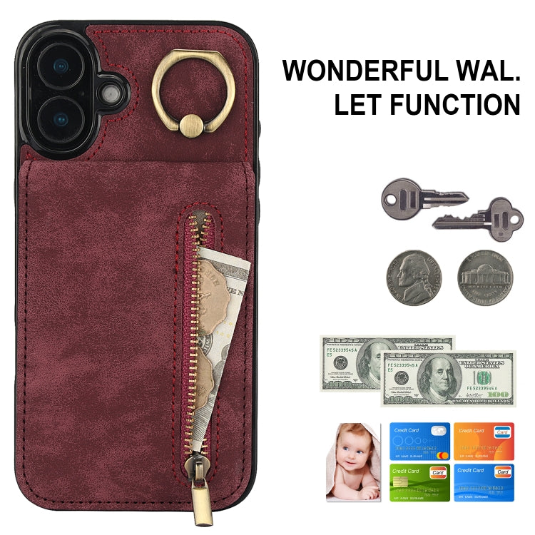 For iPhone 16 Retro Ring and Zipper RFID Card Slot Phone Case