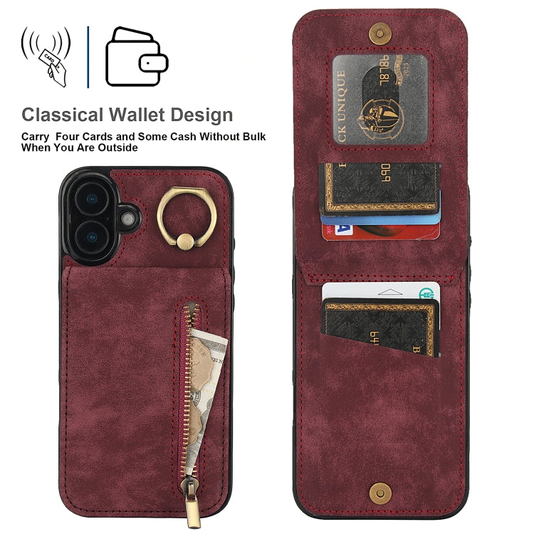 For iPhone 16 Retro Ring and Zipper RFID Card Slot Phone Case