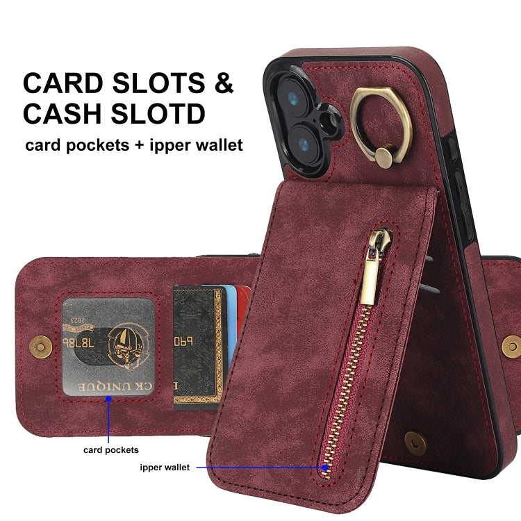 For iPhone 16 Retro Ring and Zipper RFID Card Slot Phone Case