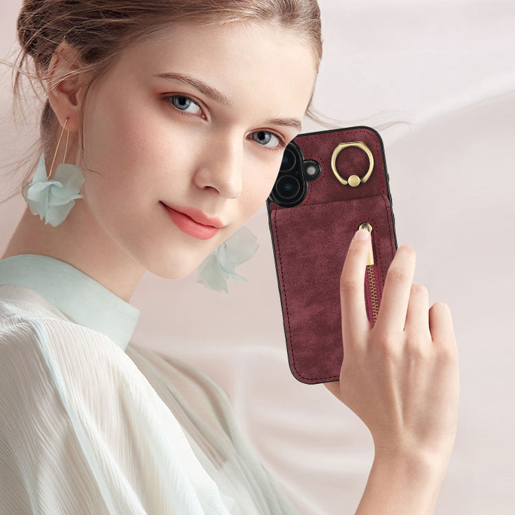For iPhone 16 Retro Ring and Zipper RFID Card Slot Phone Case