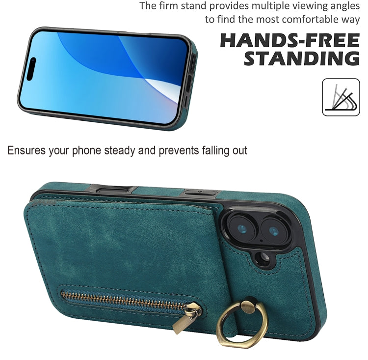 For iPhone 16 Retro Ring and Zipper RFID Card Slot Phone Case