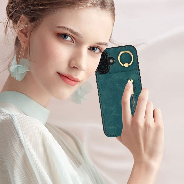 For iPhone 16 Retro Ring and Zipper RFID Card Slot Phone Case