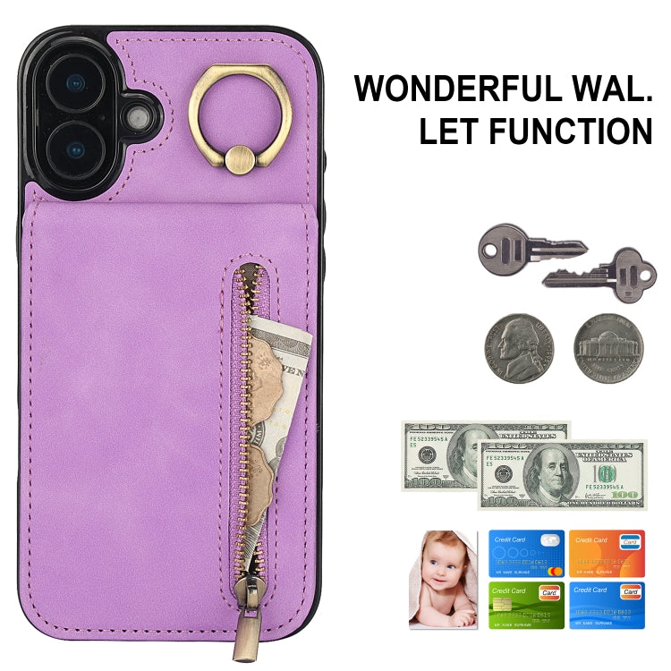 For iPhone 16 Retro Ring and Zipper RFID Card Slot Phone Case