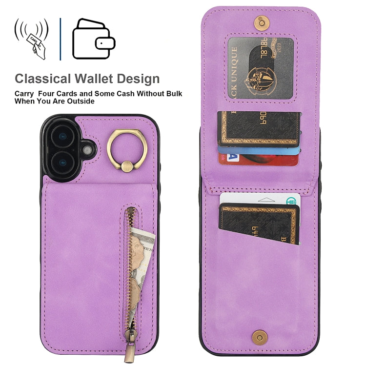 For iPhone 16 Retro Ring and Zipper RFID Card Slot Phone Case