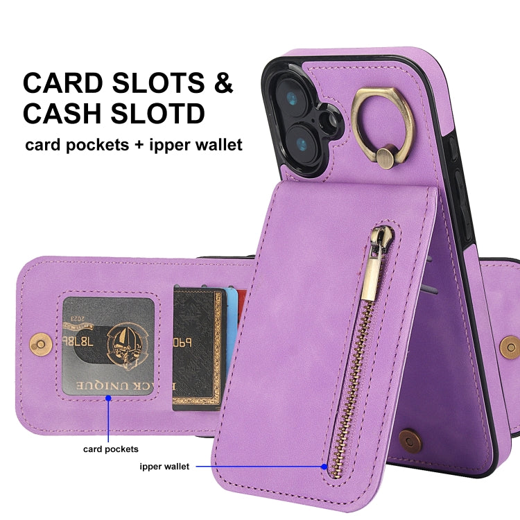 For iPhone 16 Retro Ring and Zipper RFID Card Slot Phone Case
