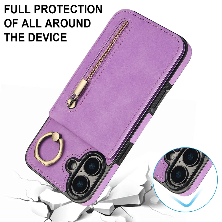 For iPhone 16 Retro Ring and Zipper RFID Card Slot Phone Case