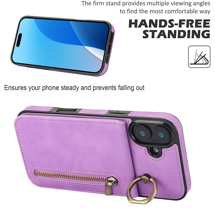 For iPhone 16 Retro Ring and Zipper RFID Card Slot Phone Case