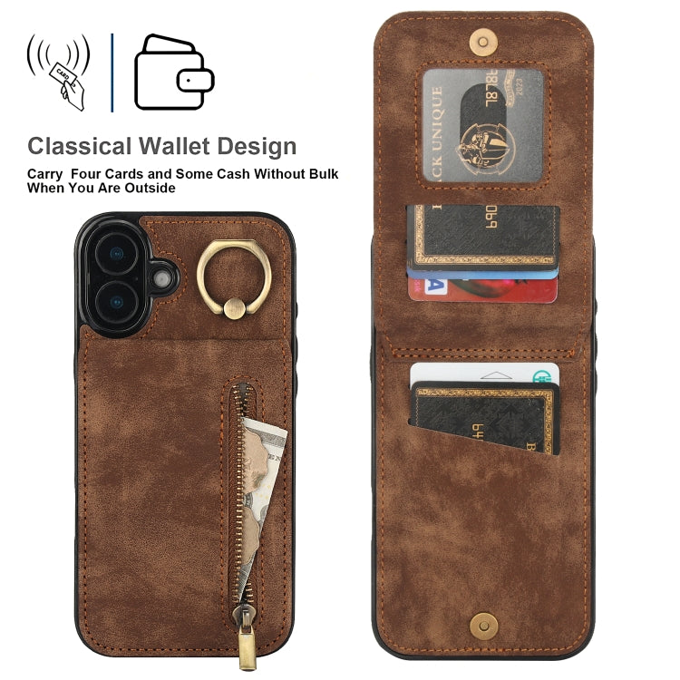For iPhone 16 Retro Ring and Zipper RFID Card Slot Phone Case
