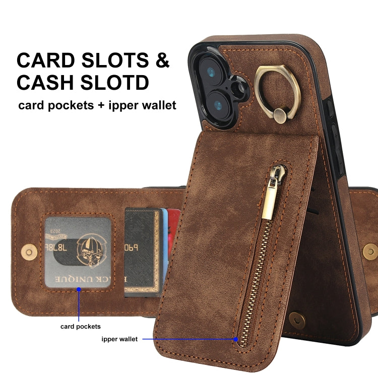 For iPhone 16 Retro Ring and Zipper RFID Card Slot Phone Case