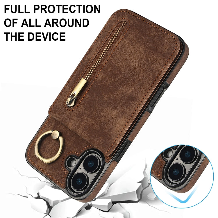 For iPhone 16 Retro Ring and Zipper RFID Card Slot Phone Case