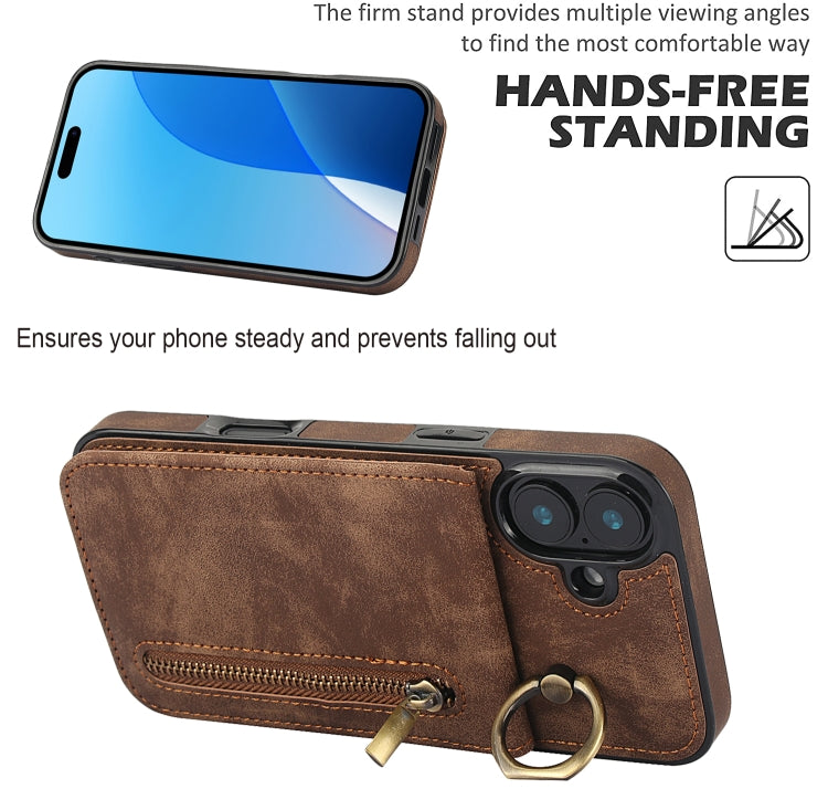 For iPhone 16 Retro Ring and Zipper RFID Card Slot Phone Case