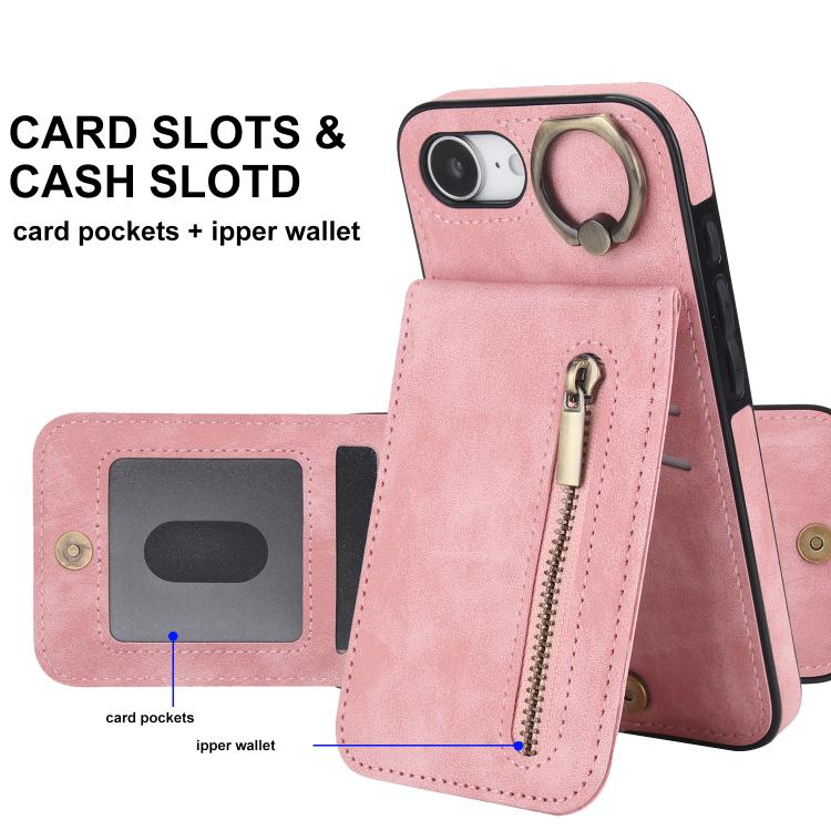 For iPhone 17e / 16e Retro Ring and Zipper RFID Card Slot Phone Case
