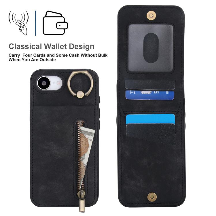 For iPhone 17e / 16e Retro Ring and Zipper RFID Card Slot Phone Case