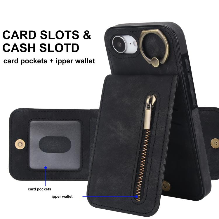 For iPhone 17e / 16e Retro Ring and Zipper RFID Card Slot Phone Case