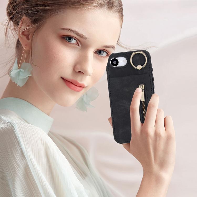 For iPhone 17e / 16e Retro Ring and Zipper RFID Card Slot Phone Case