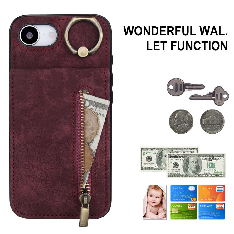For iPhone 17e / 16e Retro Ring and Zipper RFID Card Slot Phone Case