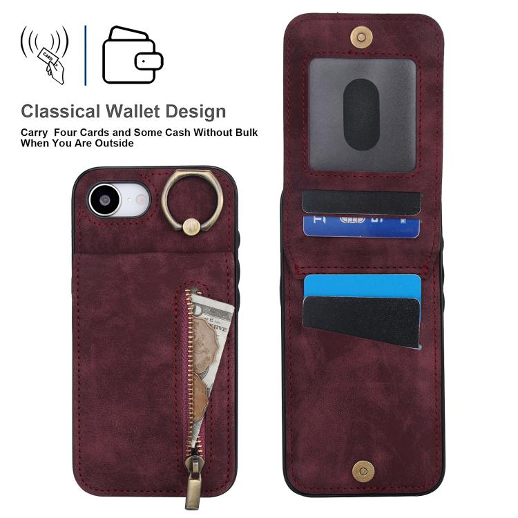 For iPhone 17e / 16e Retro Ring and Zipper RFID Card Slot Phone Case