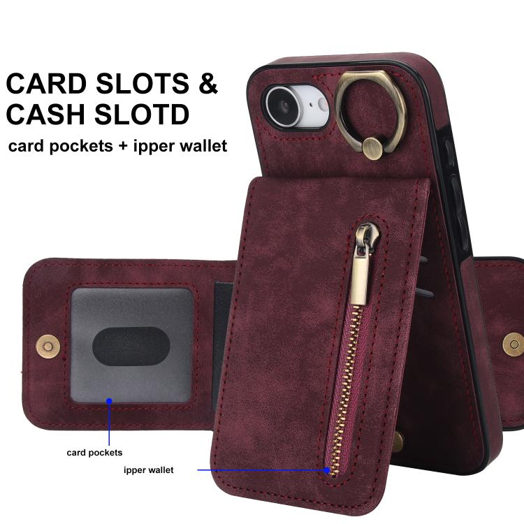For iPhone 17e / 16e Retro Ring and Zipper RFID Card Slot Phone Case