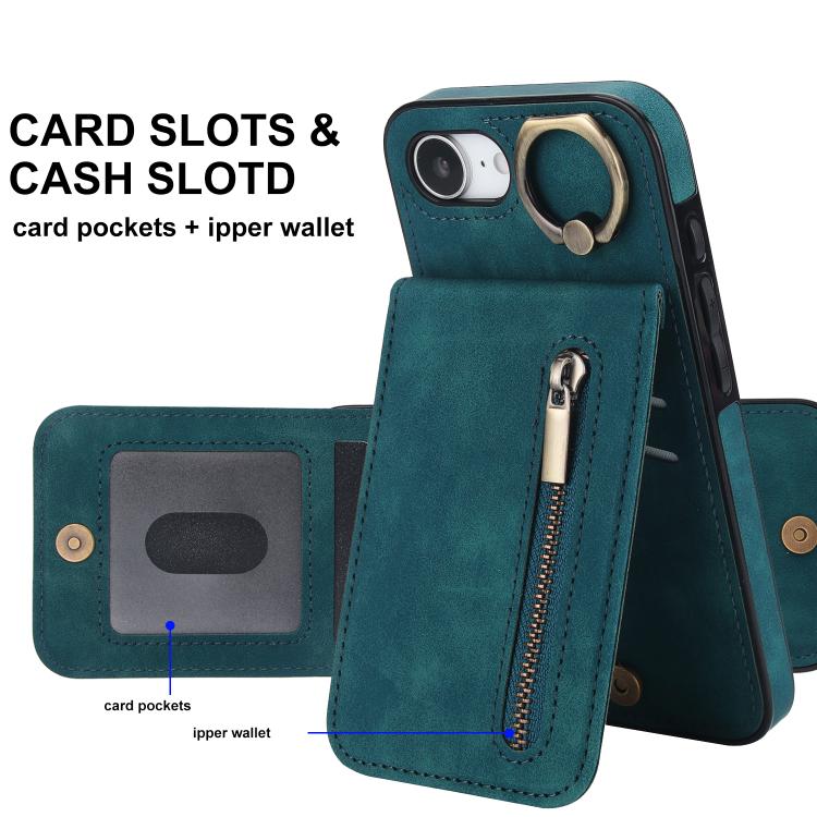 For iPhone 17e / 16e Retro Ring and Zipper RFID Card Slot Phone Case