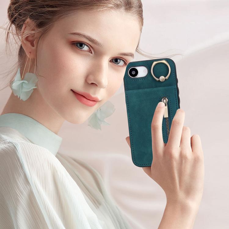For iPhone 17e / 16e Retro Ring and Zipper RFID Card Slot Phone Case
