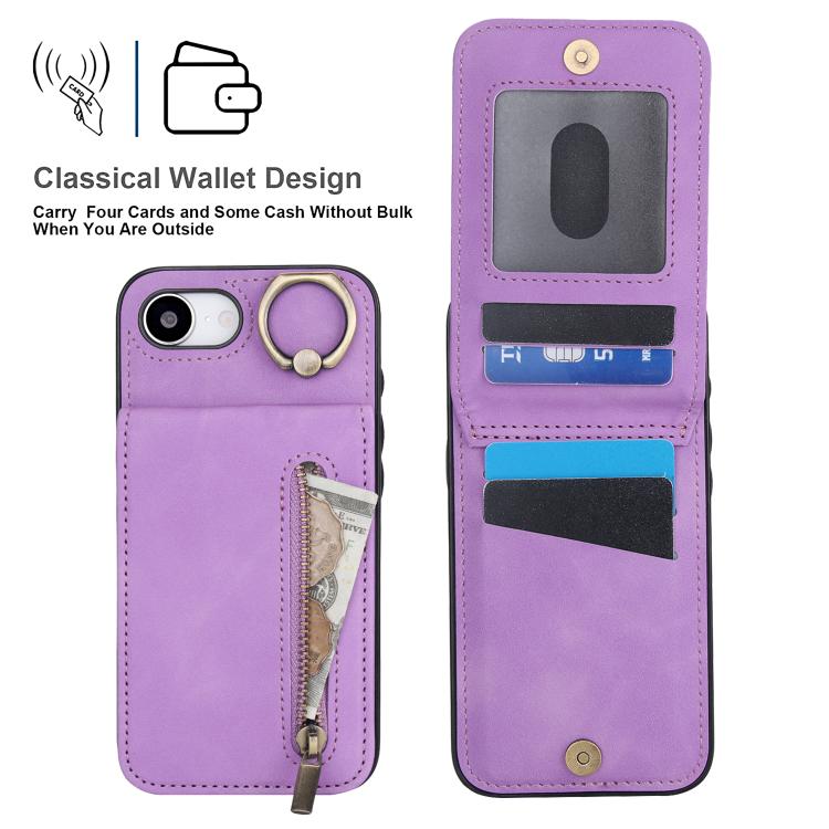 For iPhone 17e / 16e Retro Ring and Zipper RFID Card Slot Phone Case