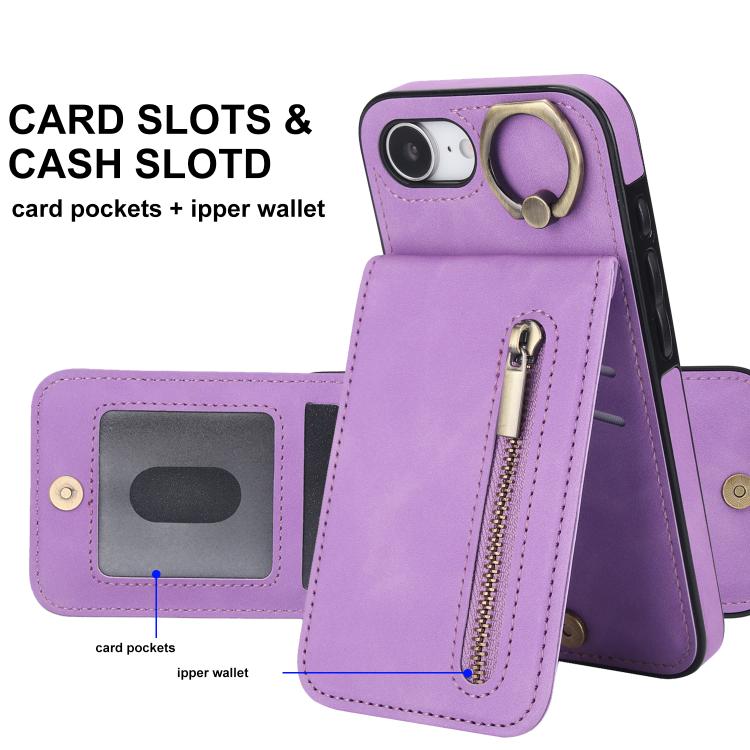 For iPhone 17e / 16e Retro Ring and Zipper RFID Card Slot Phone Case