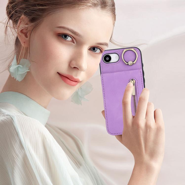 For iPhone 17e / 16e Retro Ring and Zipper RFID Card Slot Phone Case