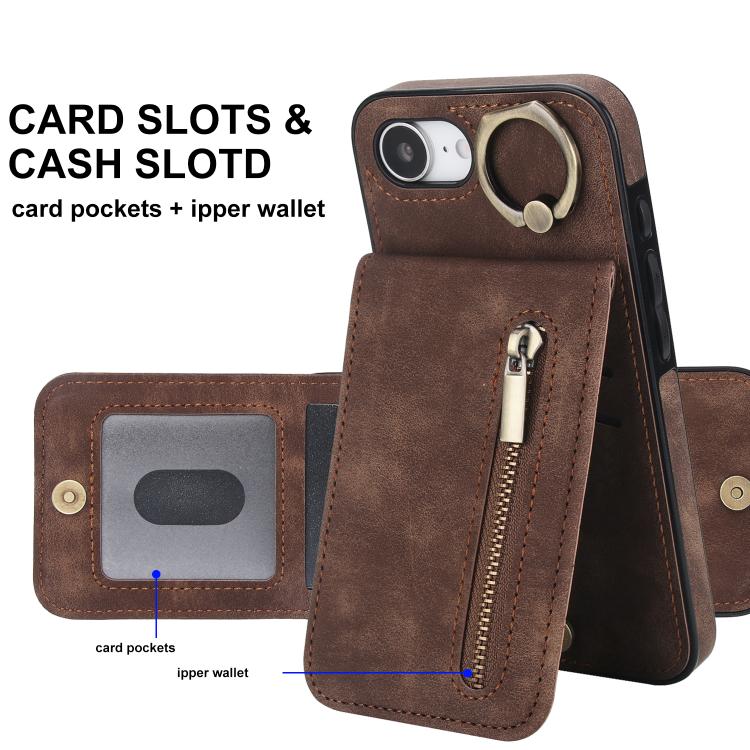 For iPhone 17e / 16e Retro Ring and Zipper RFID Card Slot Phone Case