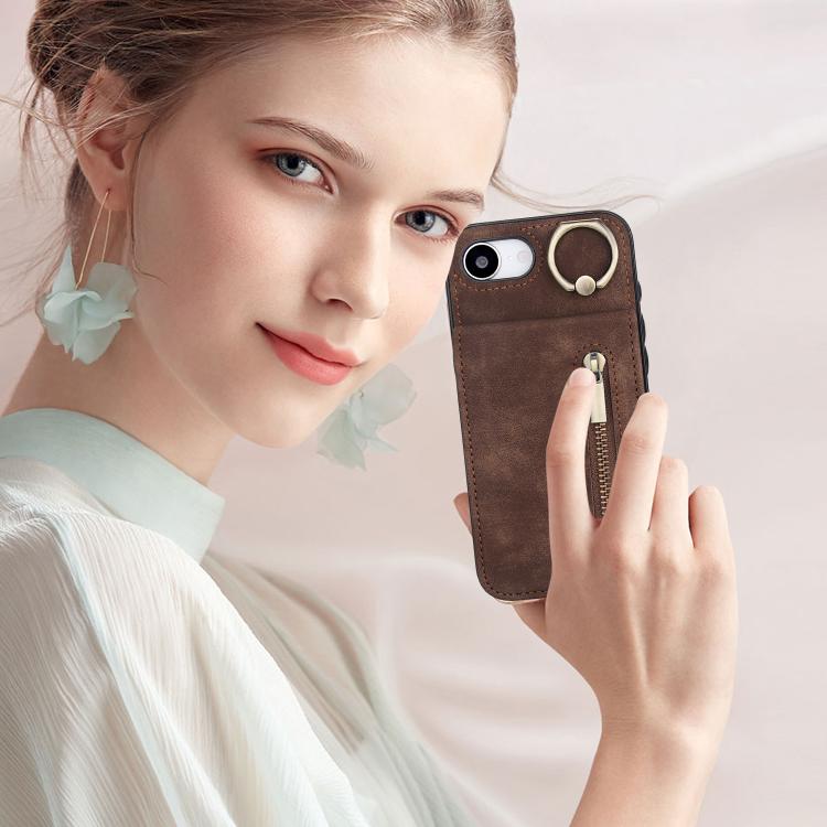 For iPhone 17e / 16e Retro Ring and Zipper RFID Card Slot Phone Case
