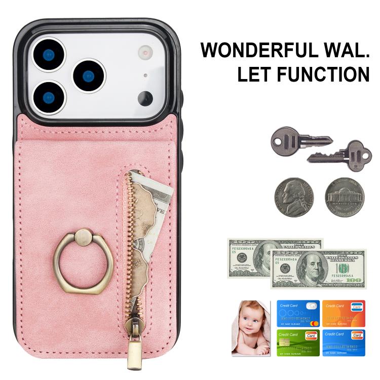 For iPhone 17 Pro Max Retro Ring and Zipper RFID Card Slot Phone Case