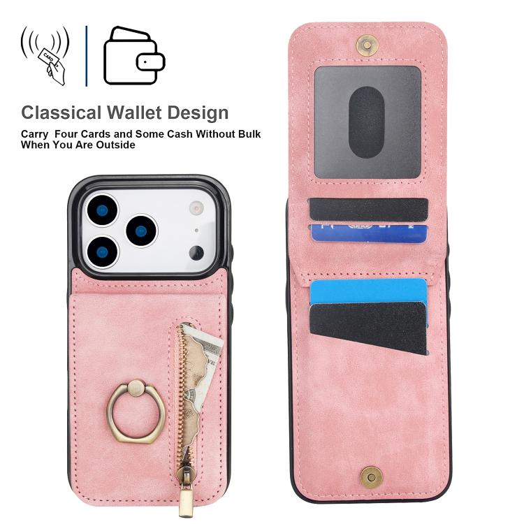 For iPhone 17 Pro Max Retro Ring and Zipper RFID Card Slot Phone Case