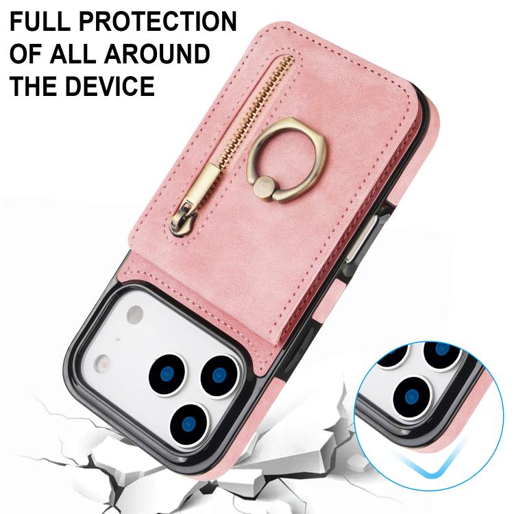 For iPhone 17 Pro Max Retro Ring and Zipper RFID Card Slot Phone Case