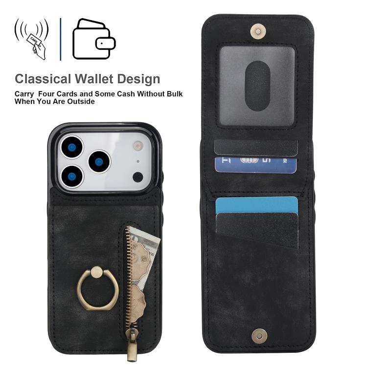 For iPhone 17 Pro Max Retro Ring and Zipper RFID Card Slot Phone Case