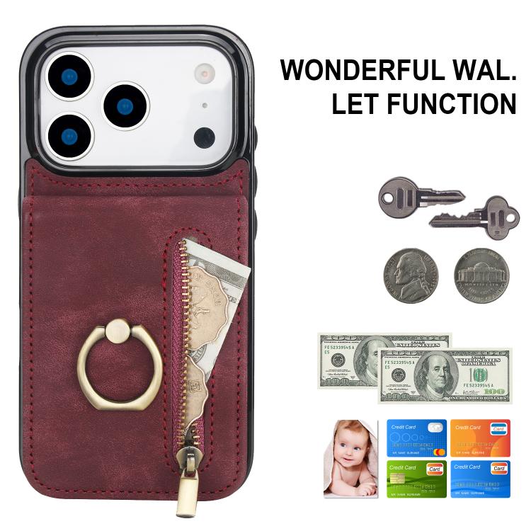 For iPhone 17 Pro Max Retro Ring and Zipper RFID Card Slot Phone Case