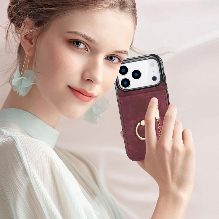 For iPhone 17 Pro Max Retro Ring and Zipper RFID Card Slot Phone Case