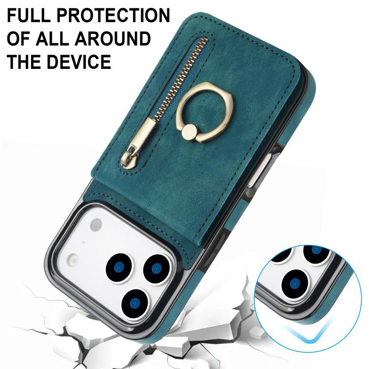 For iPhone 17 Pro Max Retro Ring and Zipper RFID Card Slot Phone Case