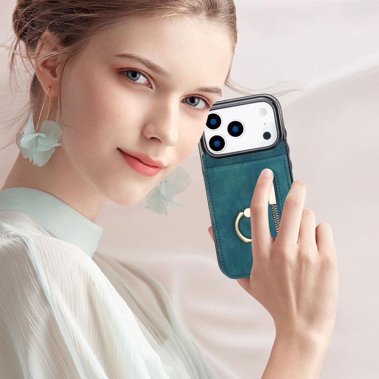 For iPhone 17 Pro Max Retro Ring and Zipper RFID Card Slot Phone Case