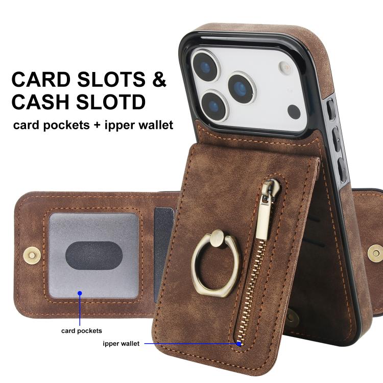 For iPhone 17 Pro Max Retro Ring and Zipper RFID Card Slot Phone Case