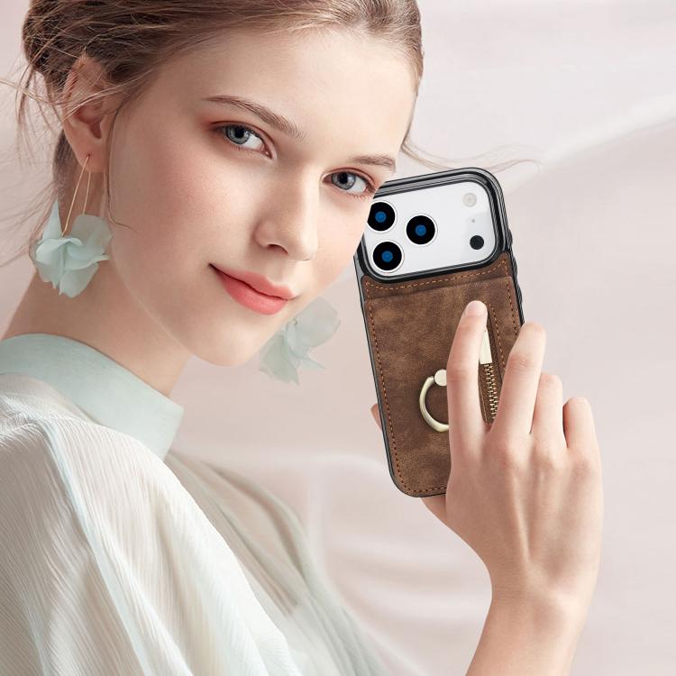 For iPhone 17 Pro Max Retro Ring and Zipper RFID Card Slot Phone Case