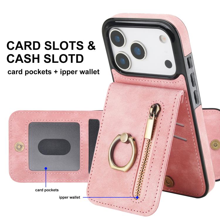 For iPhone 17 Pro Retro Ring and Zipper RFID Card Slot Phone Case
