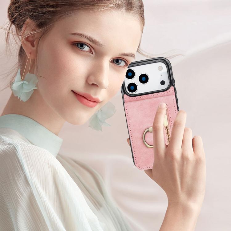 For iPhone 17 Pro Retro Ring and Zipper RFID Card Slot Phone Case