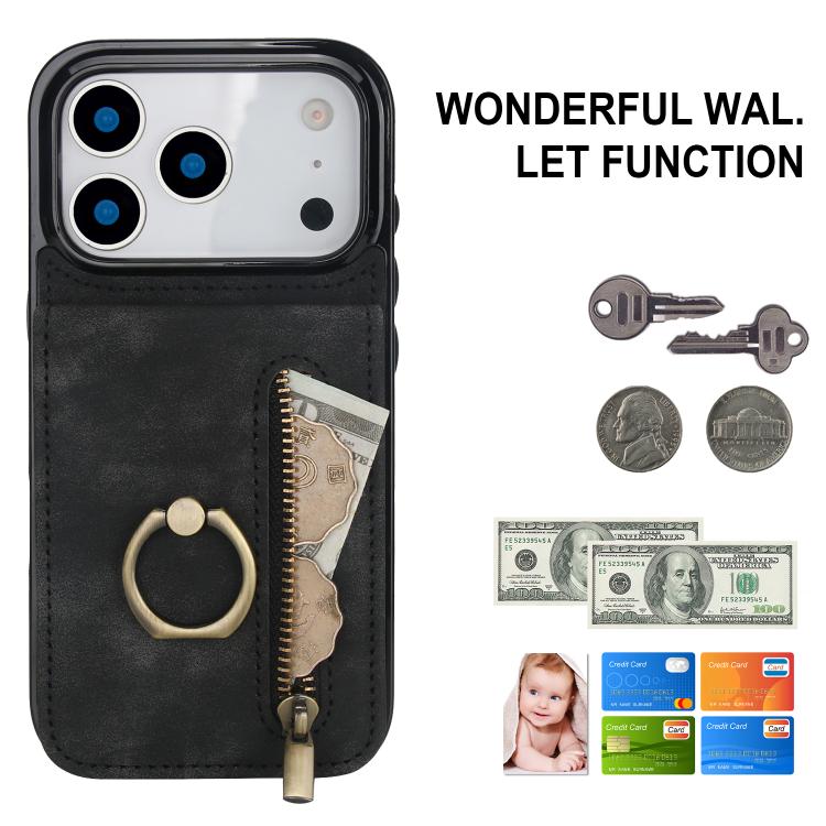 For iPhone 17 Pro Retro Ring and Zipper RFID Card Slot Phone Case