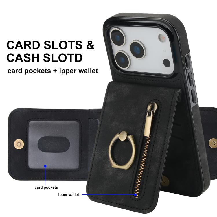 For iPhone 17 Pro Retro Ring and Zipper RFID Card Slot Phone Case