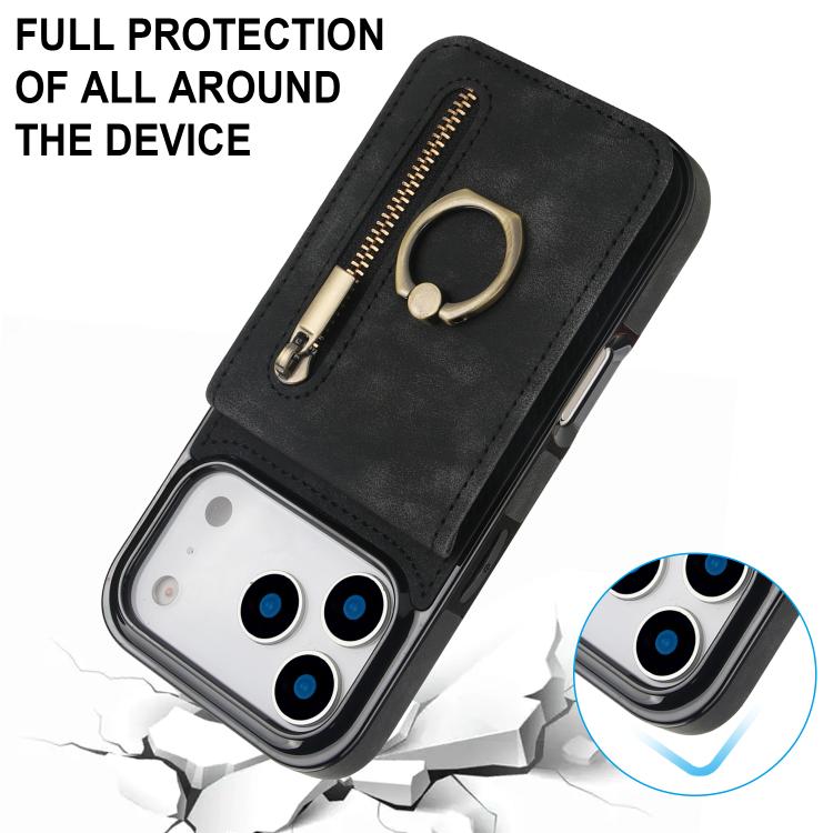 For iPhone 17 Pro Retro Ring and Zipper RFID Card Slot Phone Case