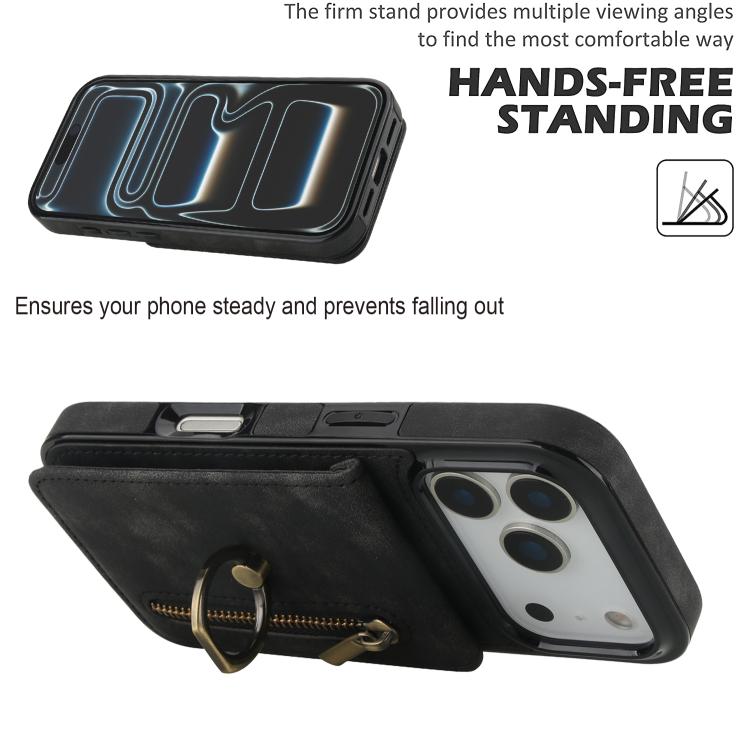 For iPhone 17 Pro Retro Ring and Zipper RFID Card Slot Phone Case