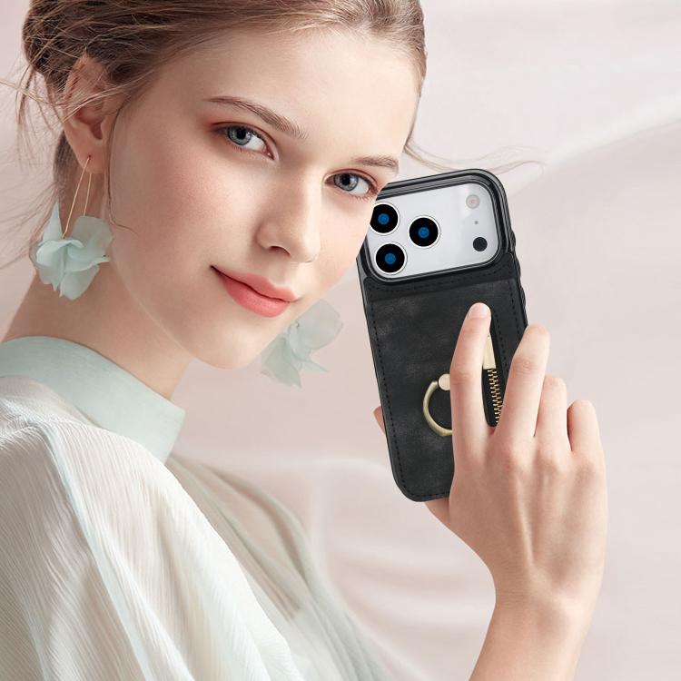 For iPhone 17 Pro Retro Ring and Zipper RFID Card Slot Phone Case
