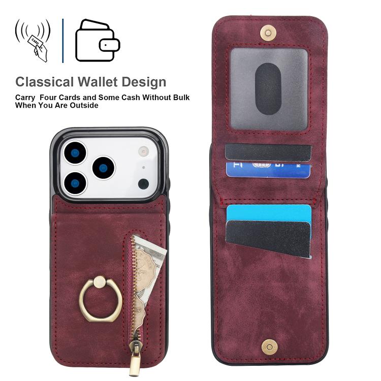 For iPhone 17 Pro Retro Ring and Zipper RFID Card Slot Phone Case