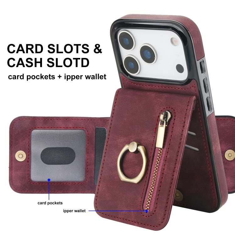 For iPhone 17 Pro Retro Ring and Zipper RFID Card Slot Phone Case